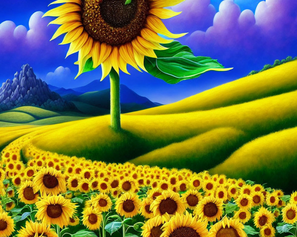 Sunny field of sunflowers with dominant flower, purple clouds, and distant mountains