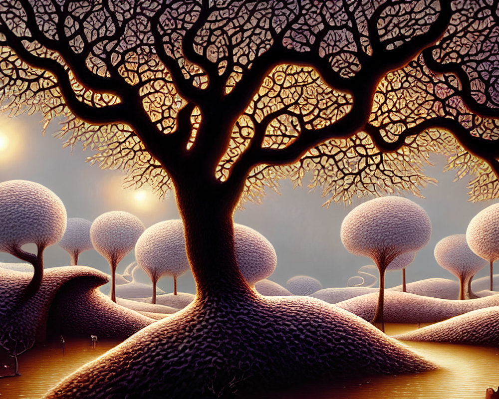 Stylized twilight landscape with bare trees, moon, and pond