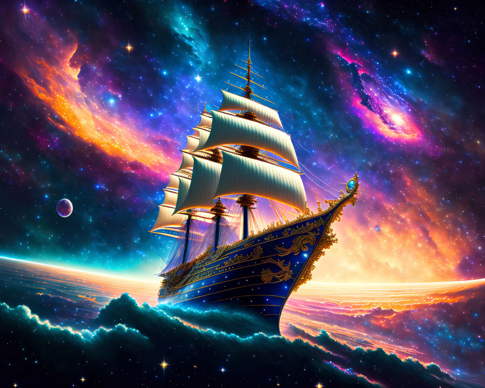 Sailing ship in cosmic seascape with stars and planet