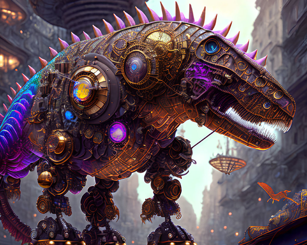 Futuristic cityscape digital artwork featuring mechanical dinosaur with glowing gears