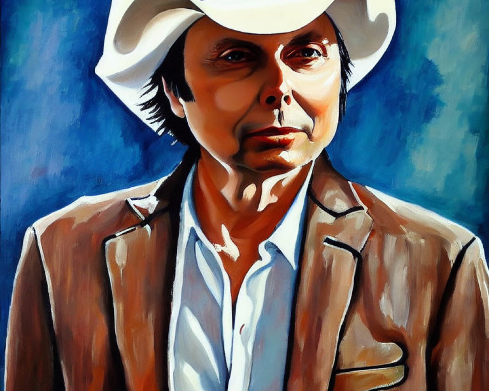 Stylized portrait of a man in white cowboy hat and brown jacket