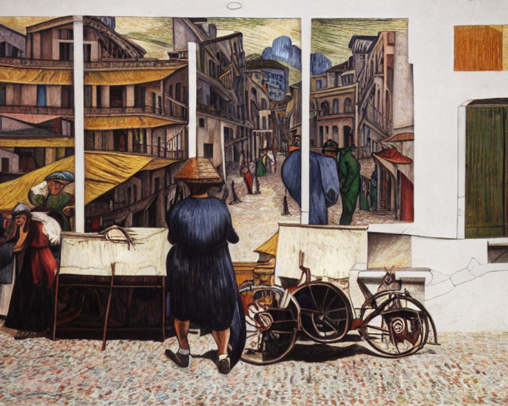 Colorful Street Scene Painting with People, Buildings, Market Stalls, and Bicycle