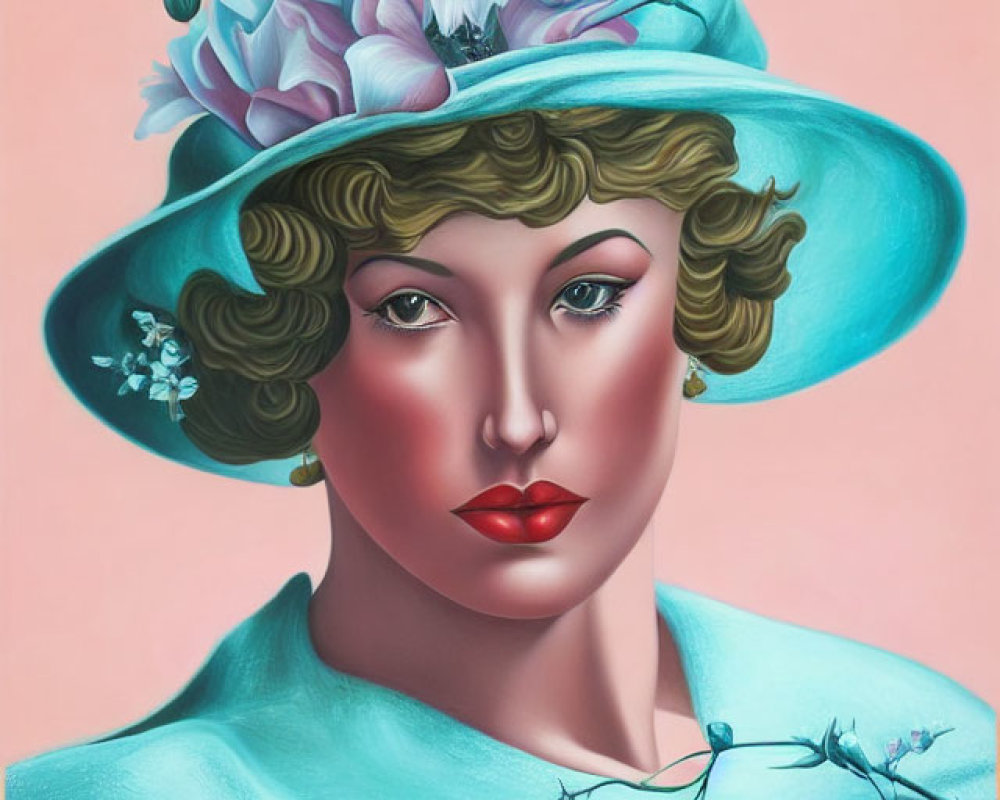 Stylized woman in teal hat and outfit on pink background