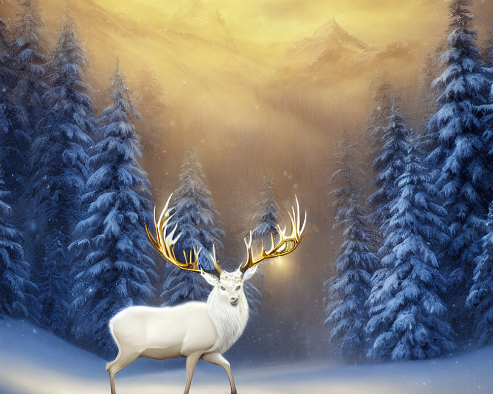White Stag with Glowing Antlers in Snowy Forest Landscape