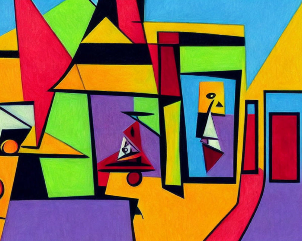 Vibrant geometric shapes and lines in colorful abstract painting