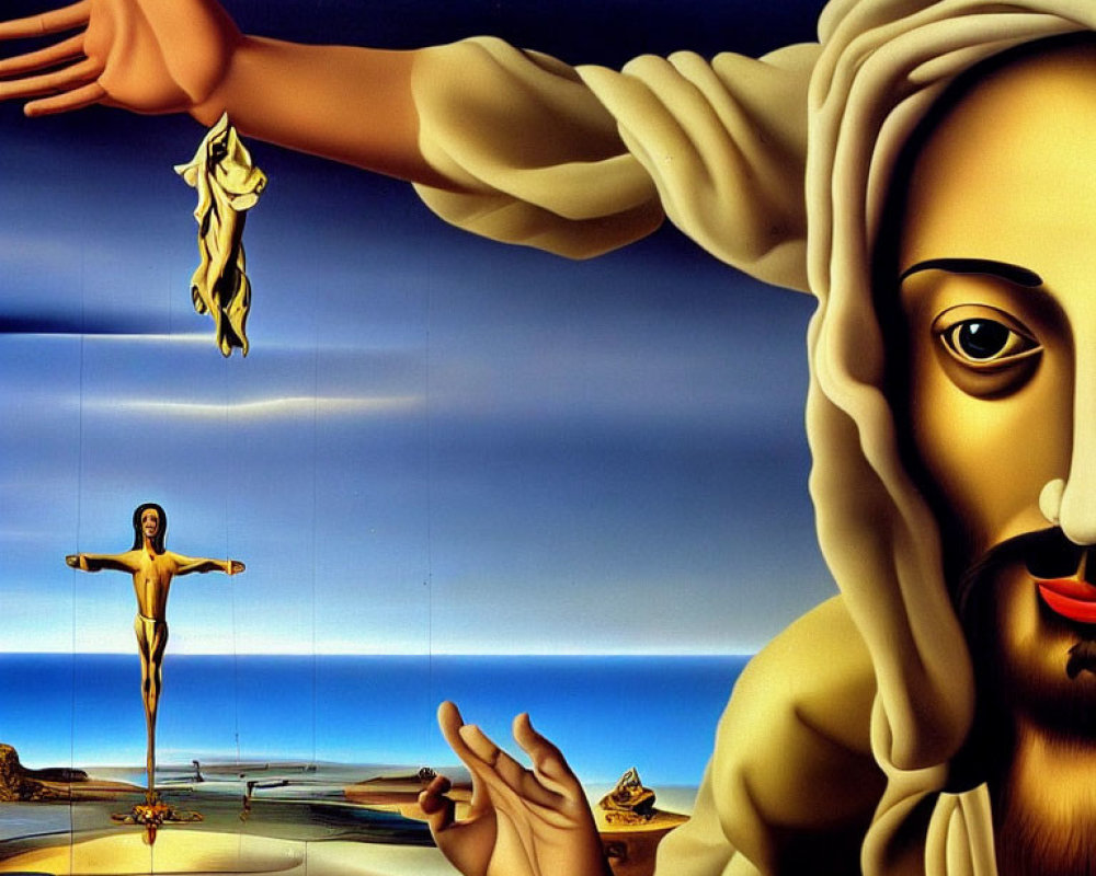 Surreal painting: Jesus face, crucifix, angel, symbolic items on checkerboard landscape