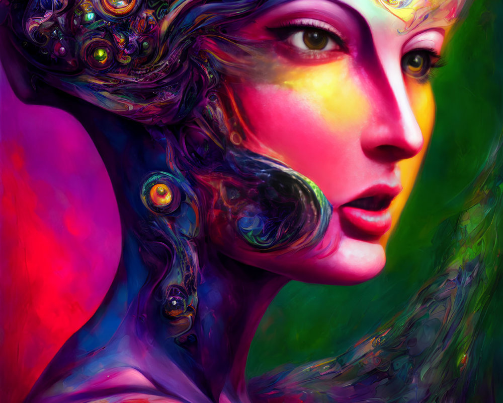 Colorful abstract digital artwork of female figure with swirling designs on skin