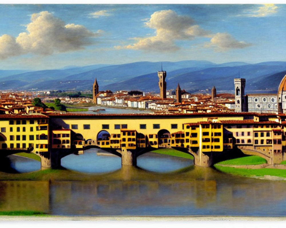 Florence's Arno River, Ponte Vecchio, Duomo in cloudy sky