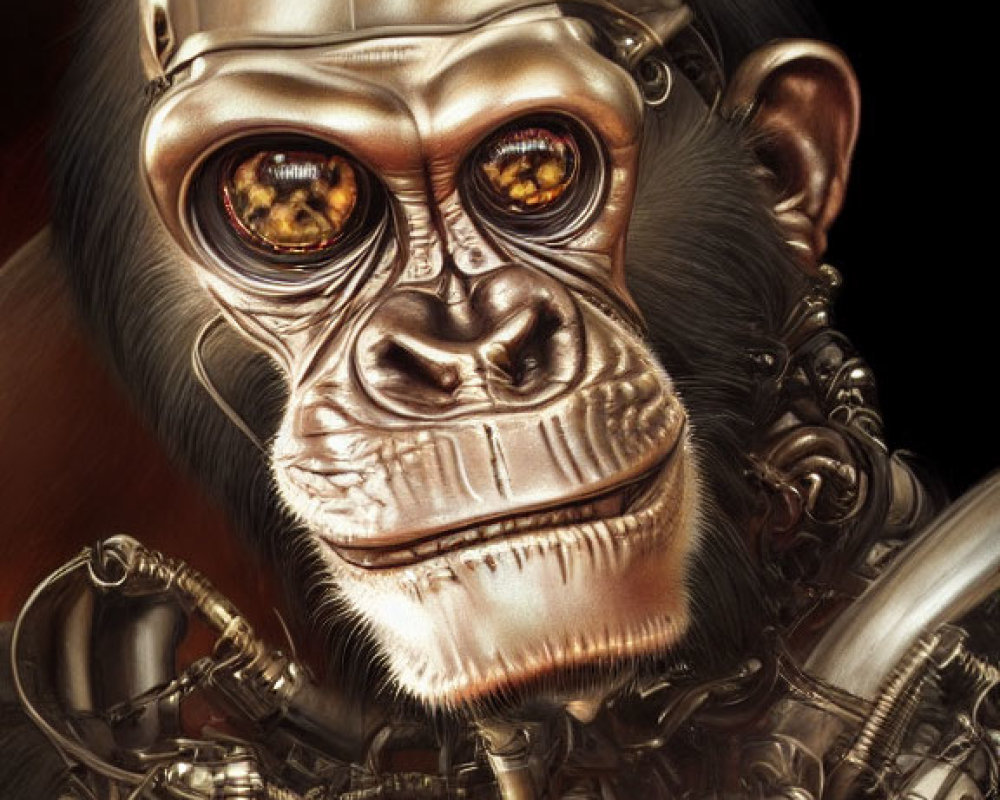 Realistic chimpanzee illustration with robotic body and metallic helmet