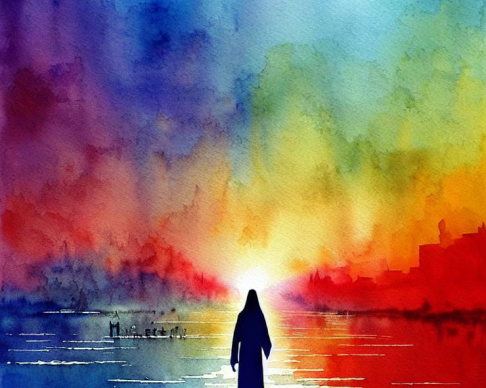 Person's Silhouette Against Vibrant Watercolor Sunset Reflections