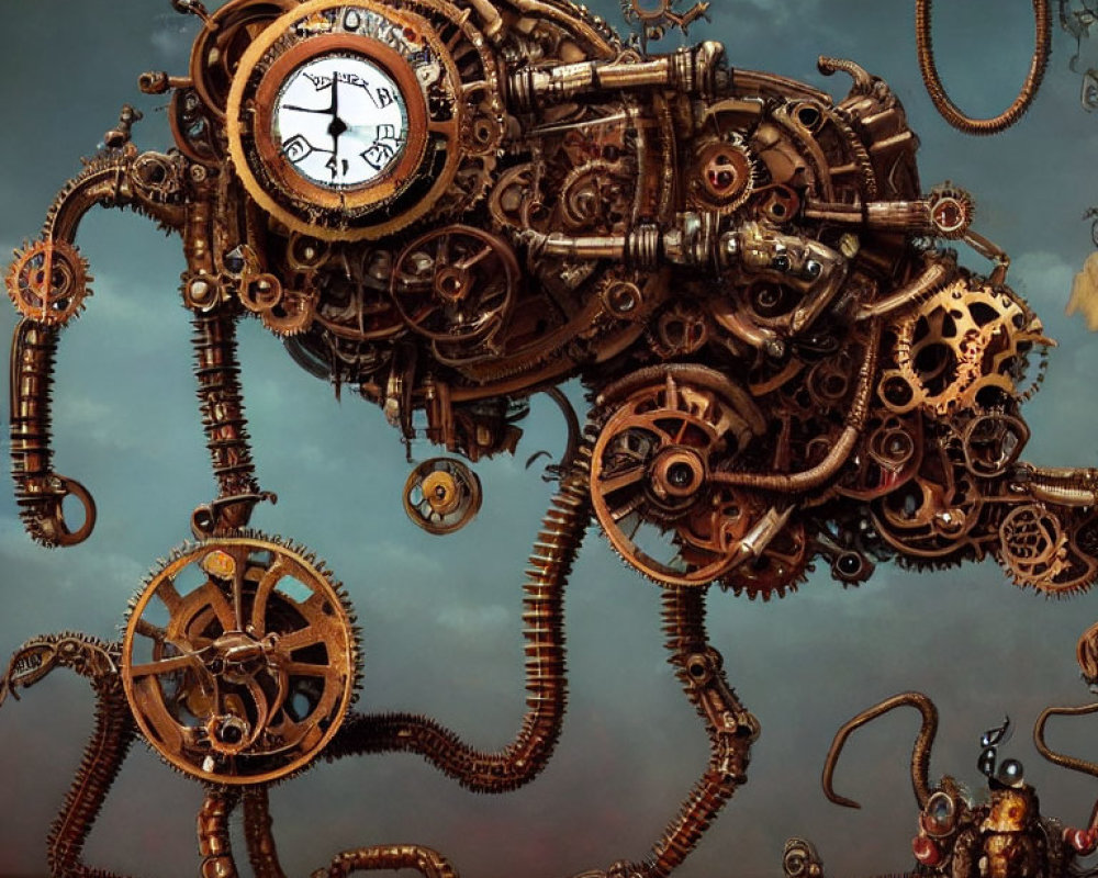Intricate steampunk mechanical snail on moody background