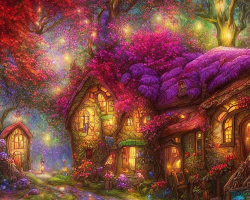 Fantasy village with glowing trees, magical lights, thatched cottages, and vibrant flora