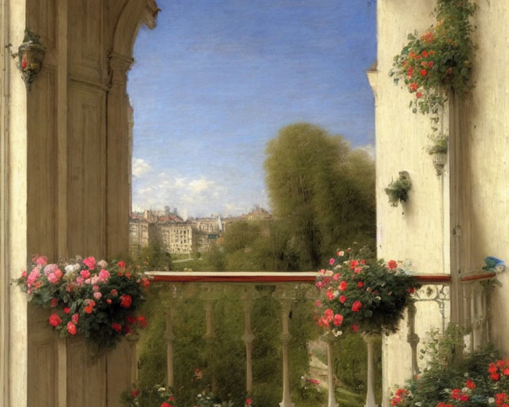 Balcony view of flowering plants and European cityscape under clear blue sky