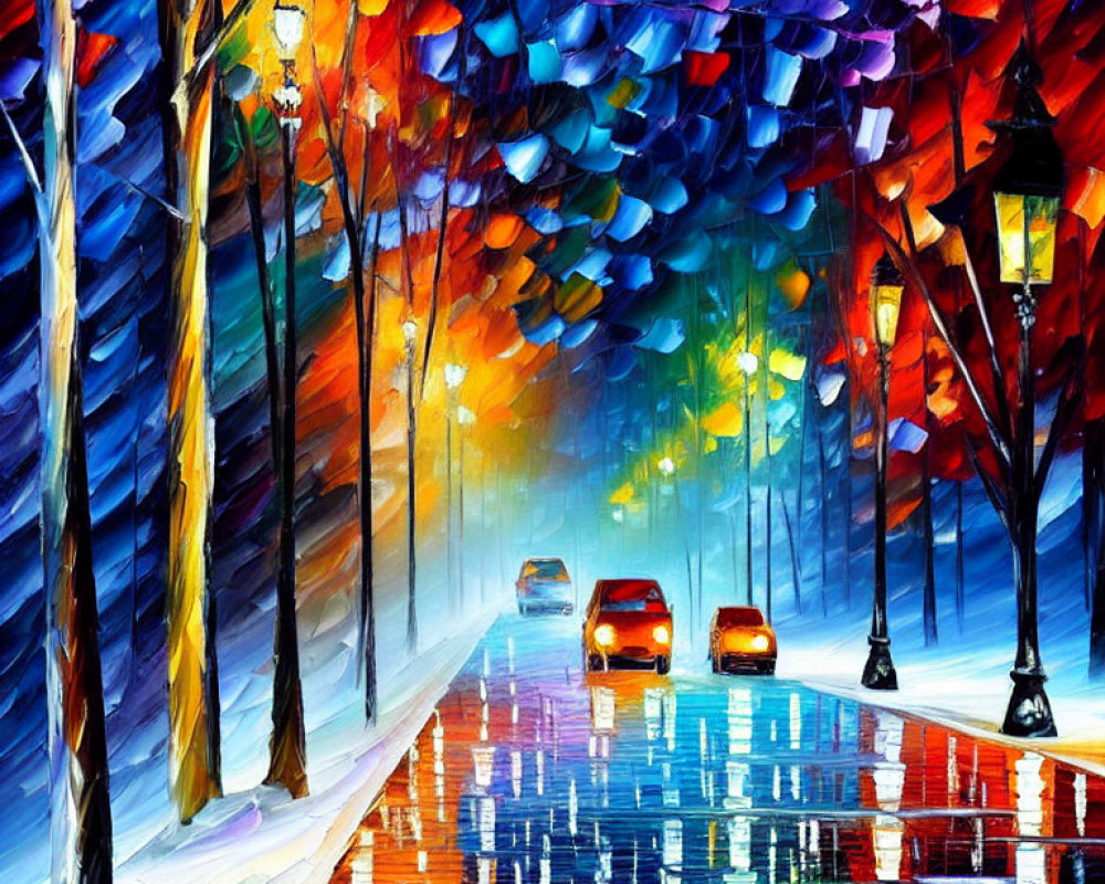 Colorful Painting: Rainy City Street at Night with Lamp Posts, Trees, and Cars