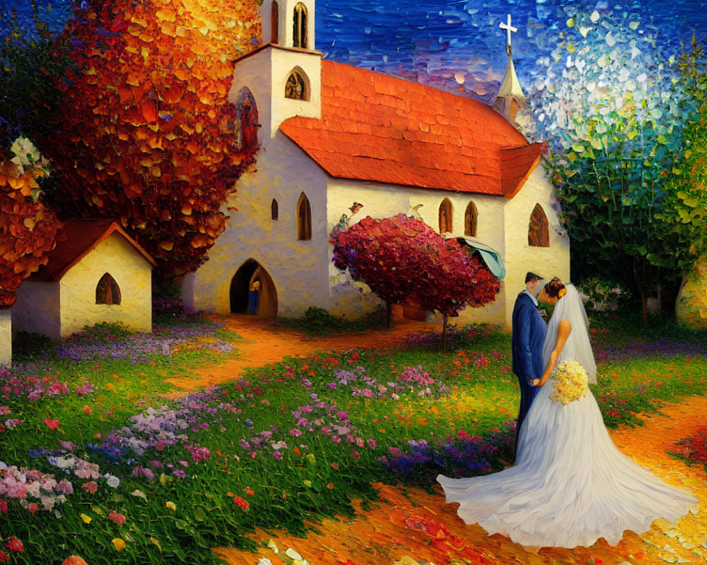 Wedding couple embracing near colorful church in impressionist painting