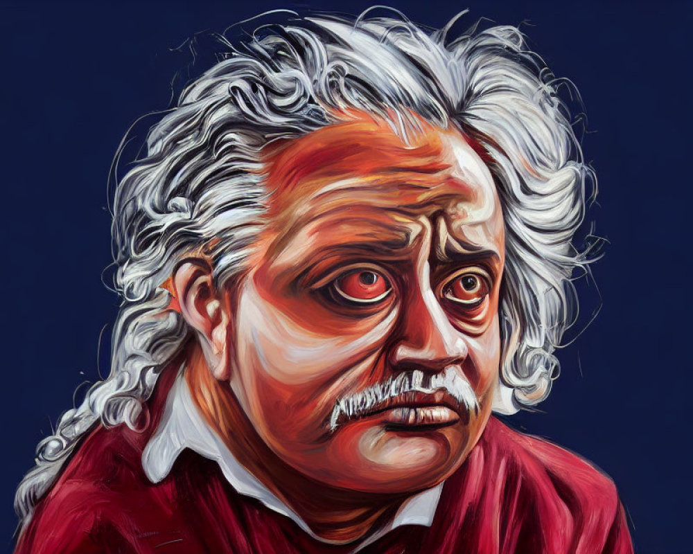 Colorful painting of person with wild white hair, deep-set eyes, and mustache in red garment