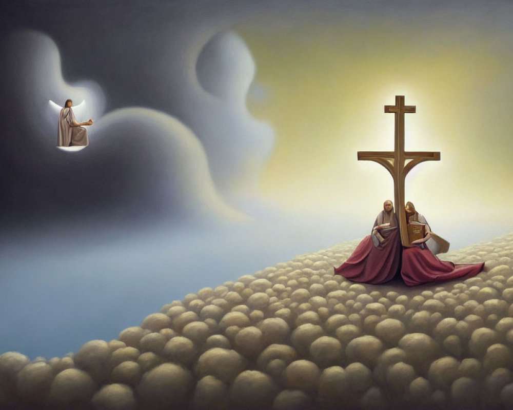 Surreal painting of monk, man, and cross in clouds or stones