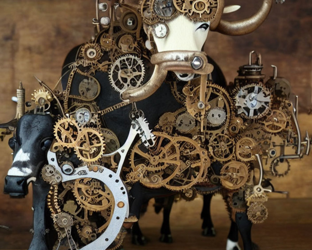 Sculptural bull adorned with bronze gears and mechanical parts