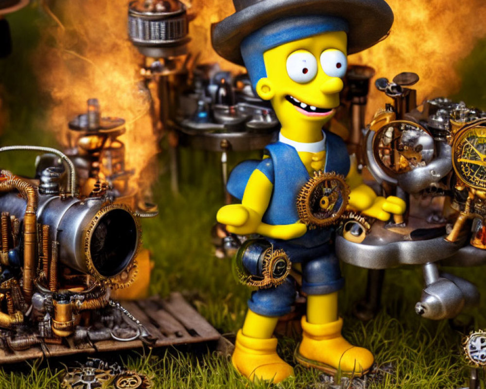 Spiky-haired animated character figurine in blue shirt among steampunk machinery