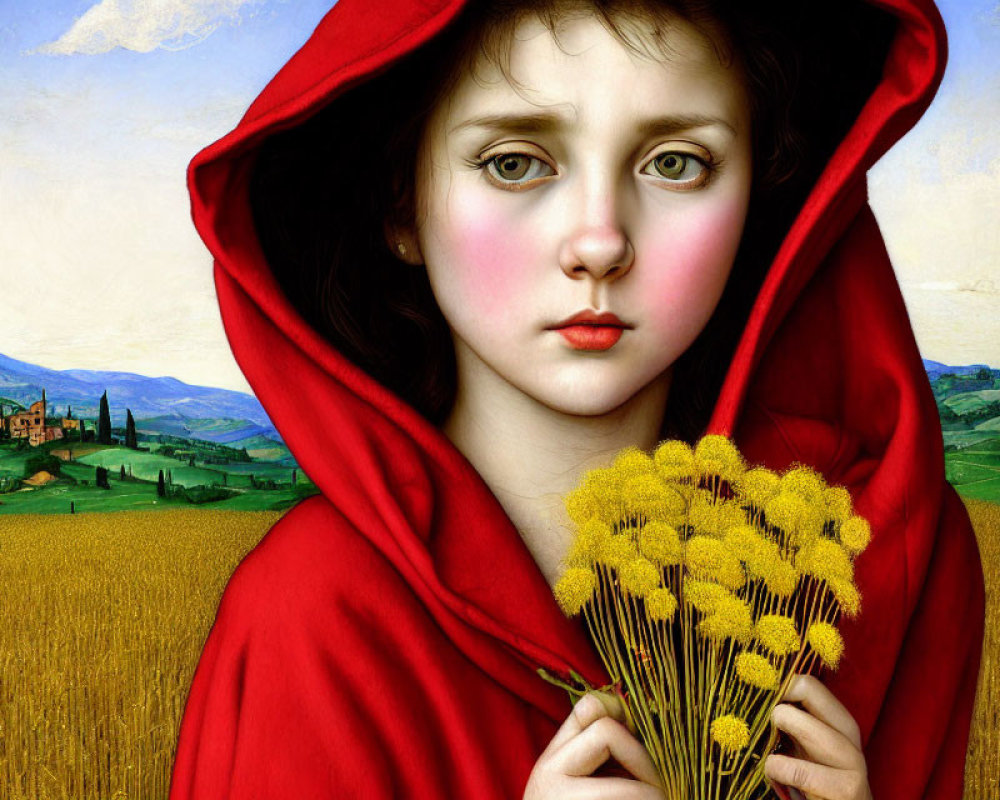 Portrait of young girl in red cloak with blue eyes and flowers on countryside backdrop