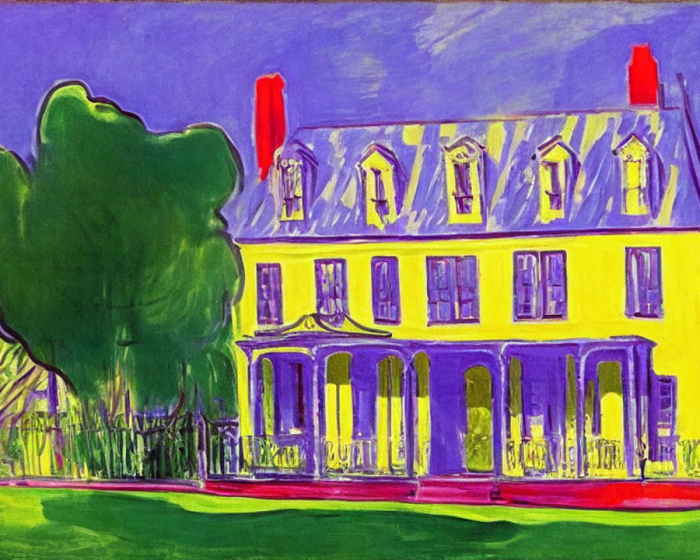 Colorful Expressionist Painting of Yellow House with Blue Roof and Red Chimneys