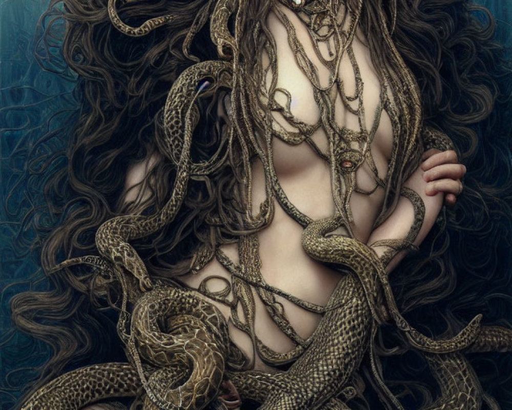 Woman with Long, Wavy Hair Entwined with Serpents on Dark Background