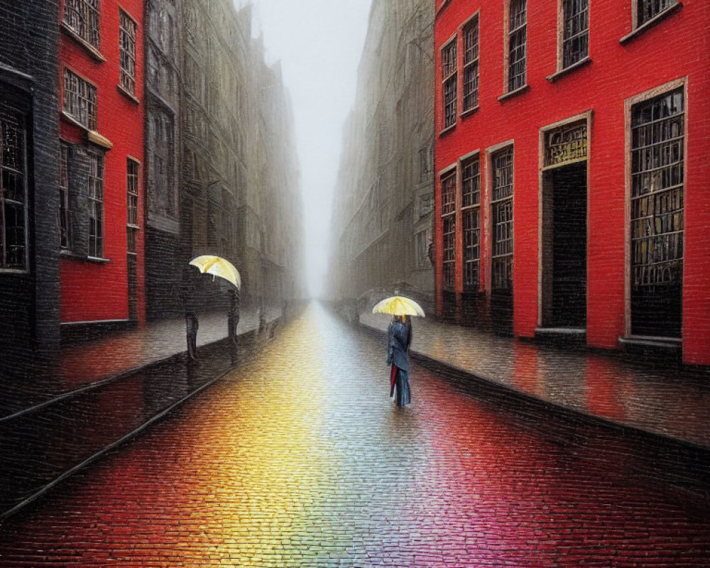 Rainy City Street with Red Buildings, Glistening Cobblestones, and People Holding Yellow Umbrellas