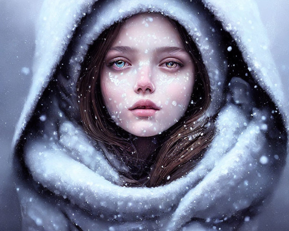 Girl in Blue Eyes in Snowy White Cloak with Falling Snowflakes
