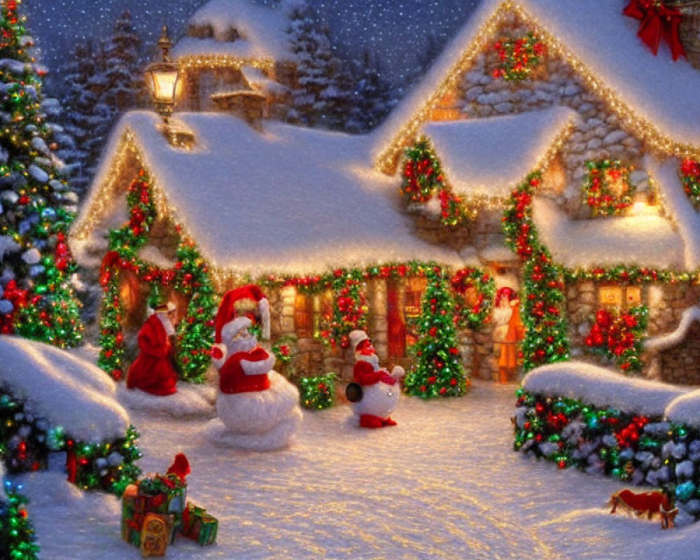 Snow-covered Christmas village with Santa Claus, snowman, dog, and gifts
