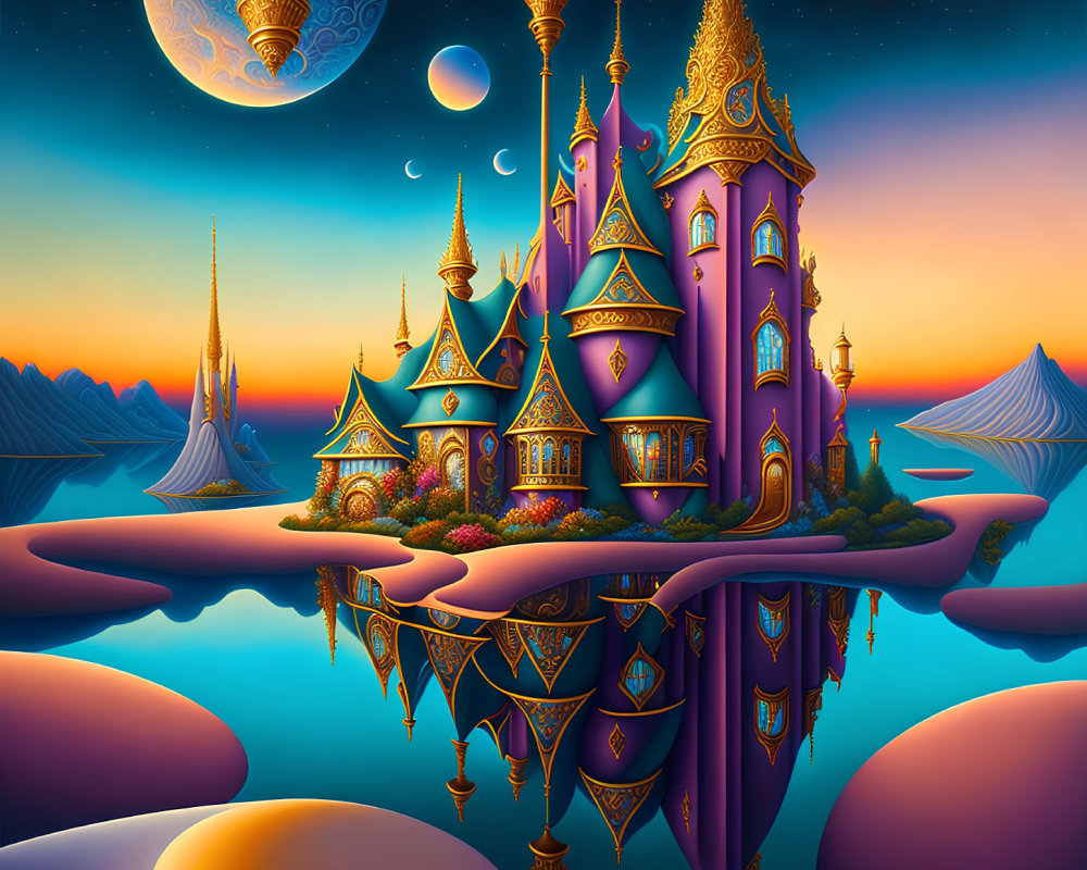 Purple Castle with Golden Accents Reflecting in Twilight Sky