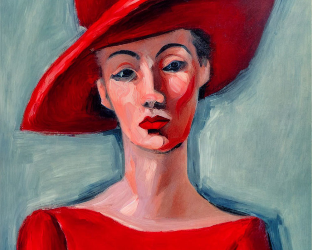 Expressive painting of woman in red hat and dress with bold colors