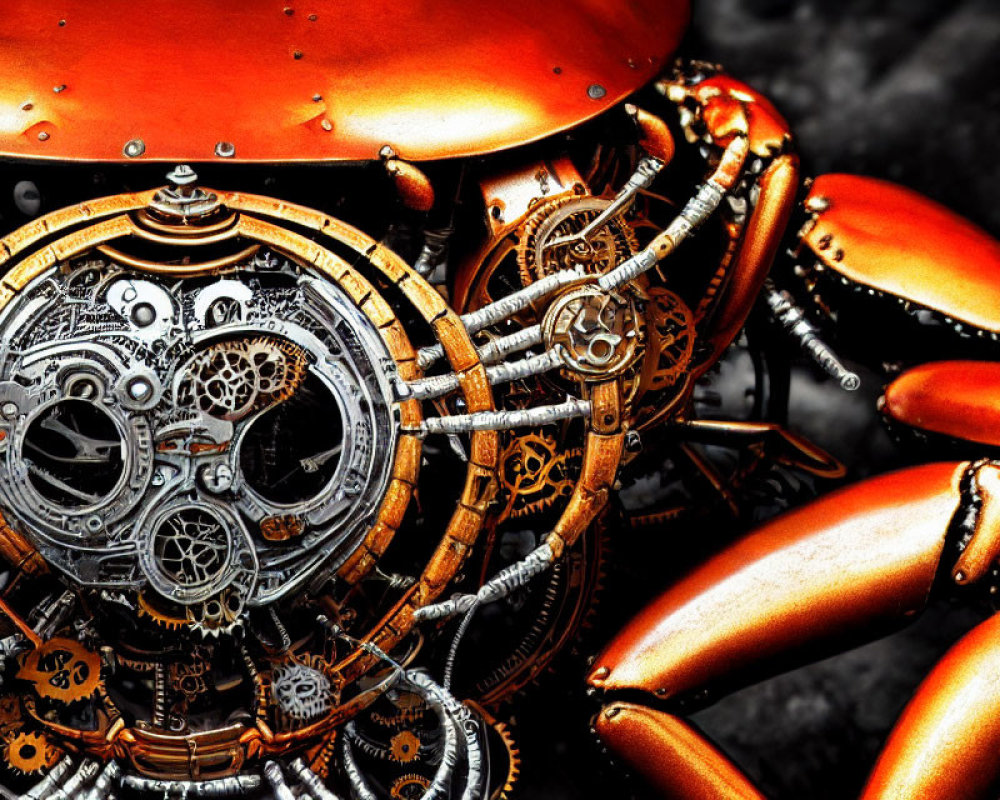 Steampunk mechanical crab with orange shell on dark background