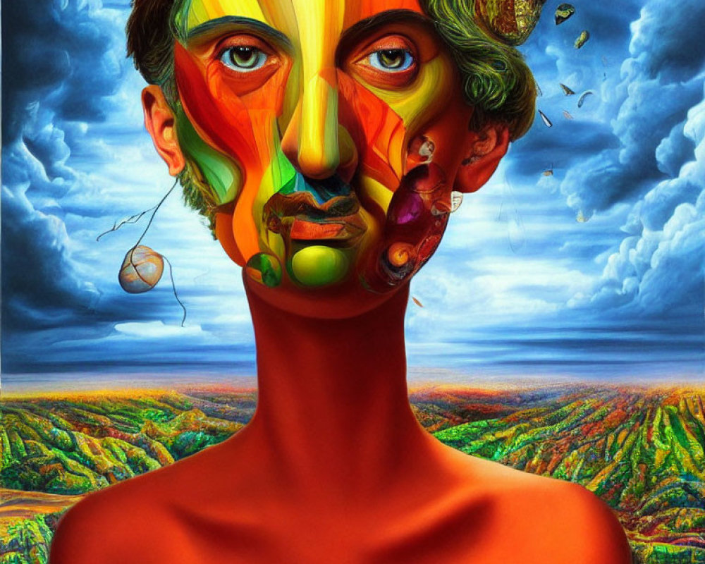 Fragmented facial features in bold colors against vibrant hills and blue sky