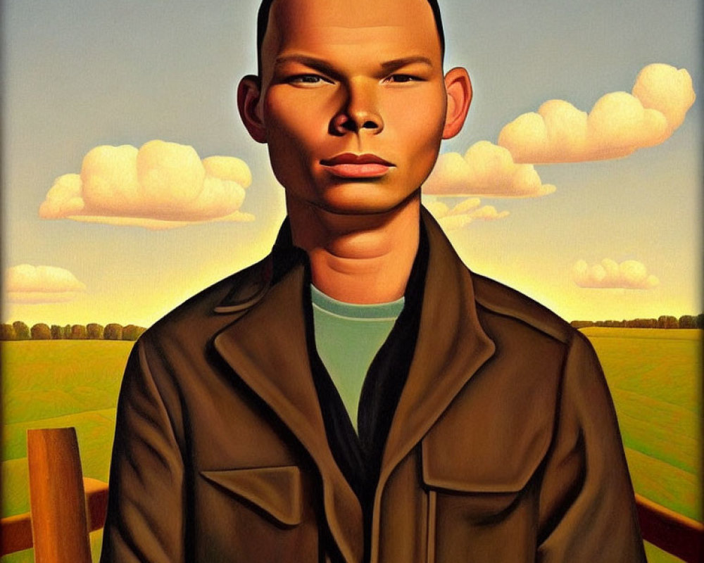 Stylized painting of man in brown jacket against countryside backdrop