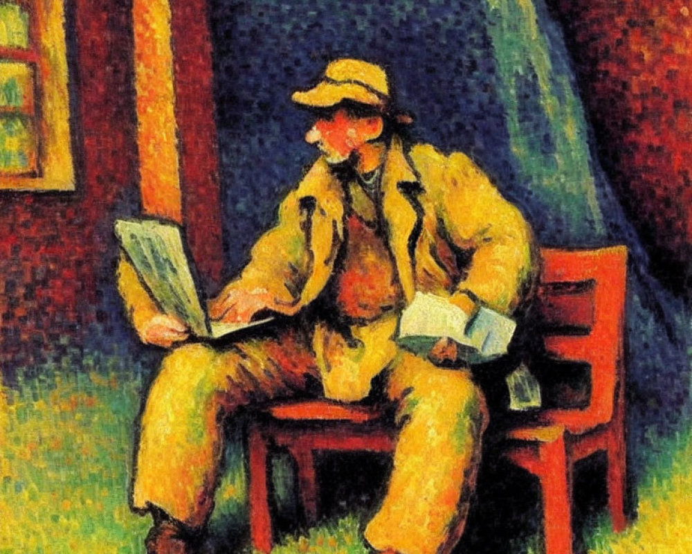 Seated Person Reading Newspaper in Post-Impressionist Style