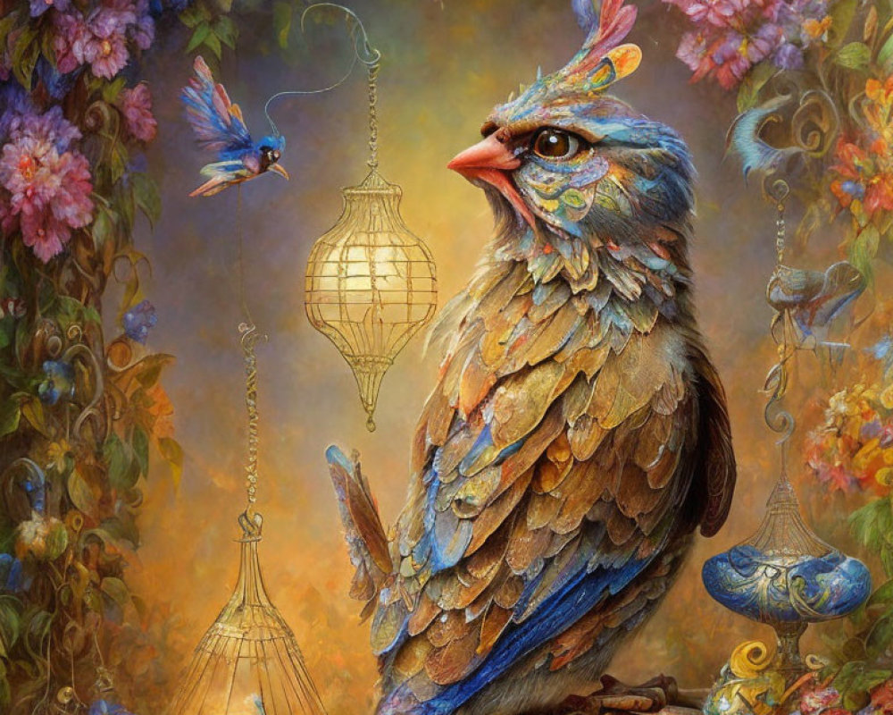 Colorful painting of bird with human-like eyes and intricate patterns among lush flowers and hanging cages