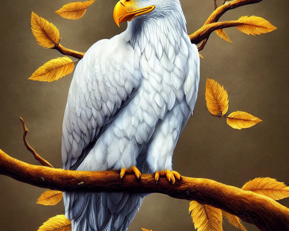 White Eagle Perched on Branch with Yellow Leaves