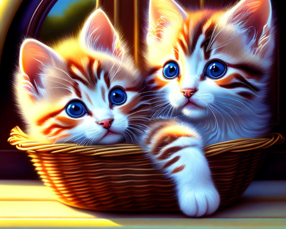 Two Kittens with Striking Blue Eyes in Cozy Wicker Basket
