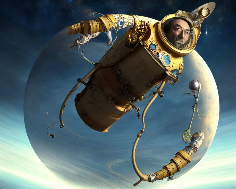 Person with vintage diving suit & astronaut helmet in space with celestial bodies
