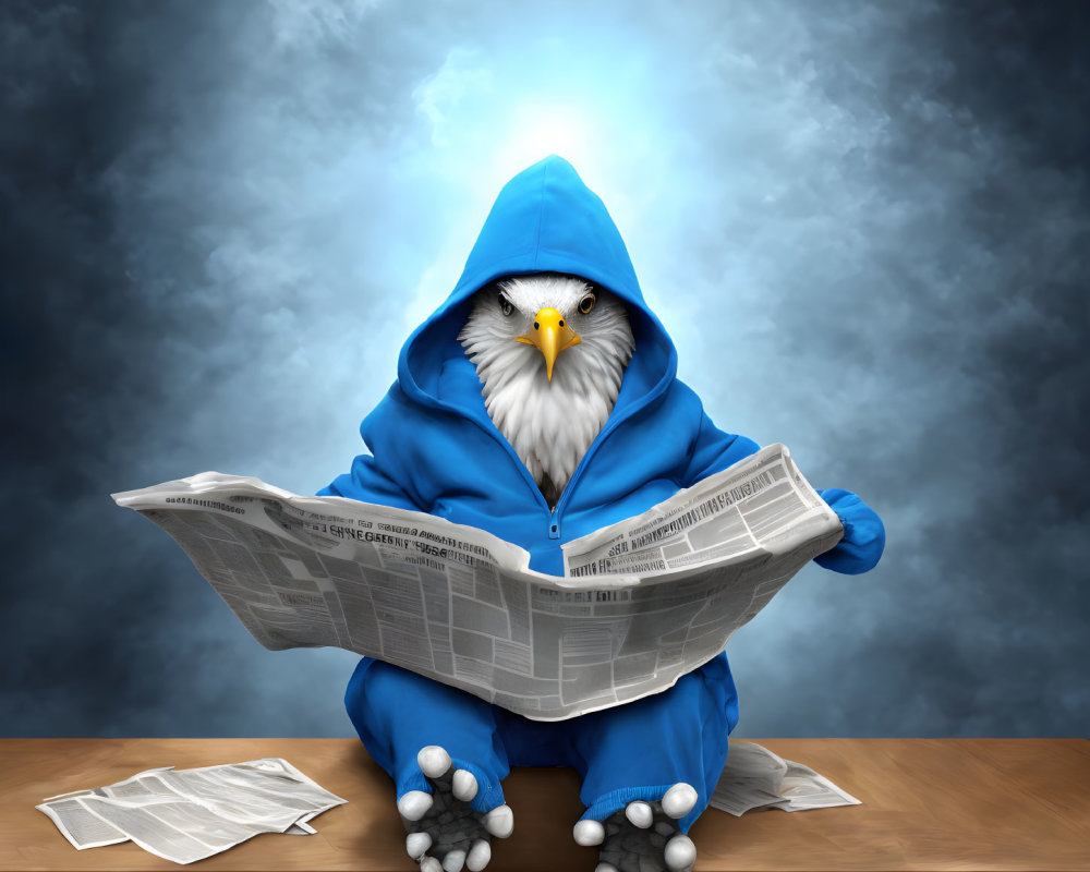 Eagle-human hybrid in blue hoodie reads newspaper in surreal stormy setting