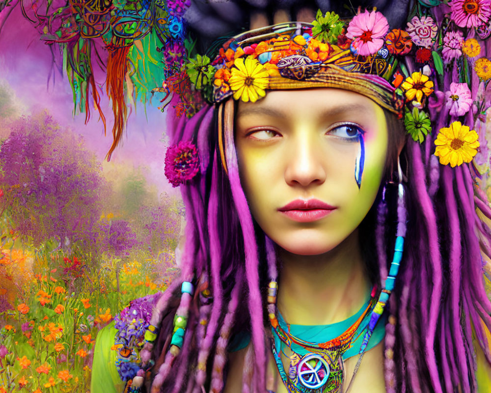 Woman with Purple Dreadlocks and Tear Painted Face in Floral Setting