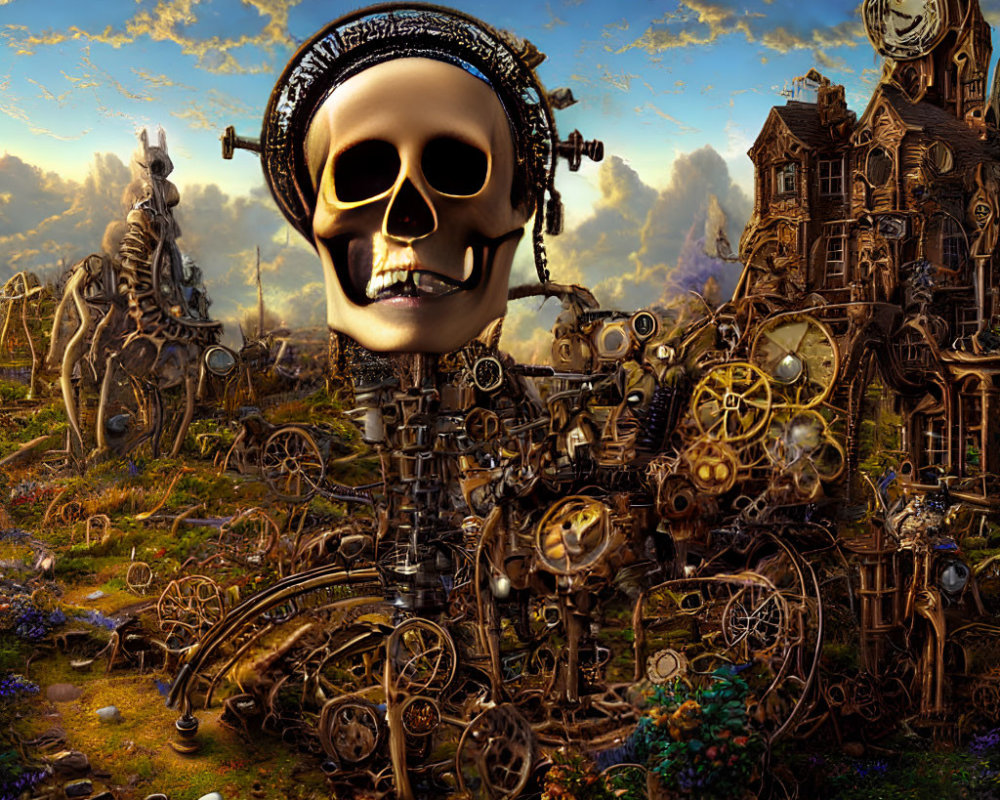 Skull-faced figure with headphones in steampunk landscape.