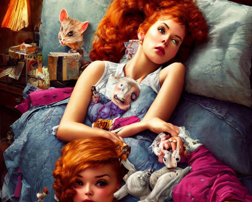 Whimsical red-haired individuals and surreal creatures in opulent bedroom
