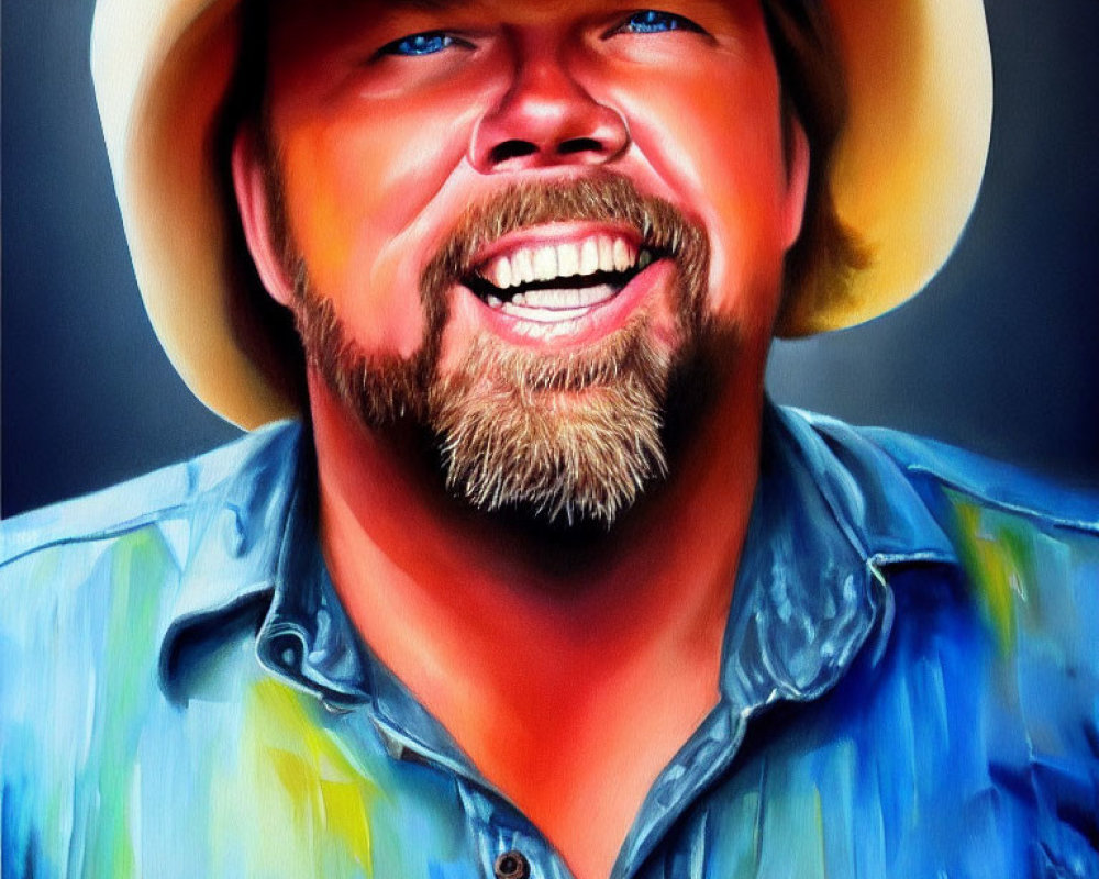 Smiling man with beard in cowboy hat and blue shirt on grey background