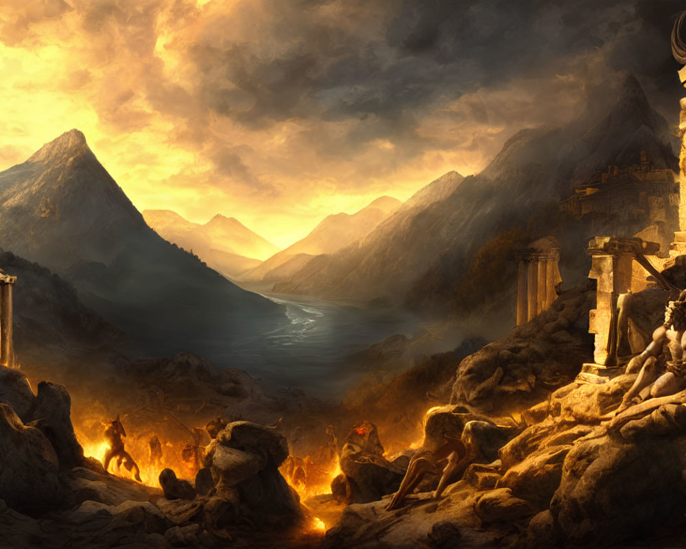 Mystical landscape with ancient ruins, river, mountains, and shadowy figures