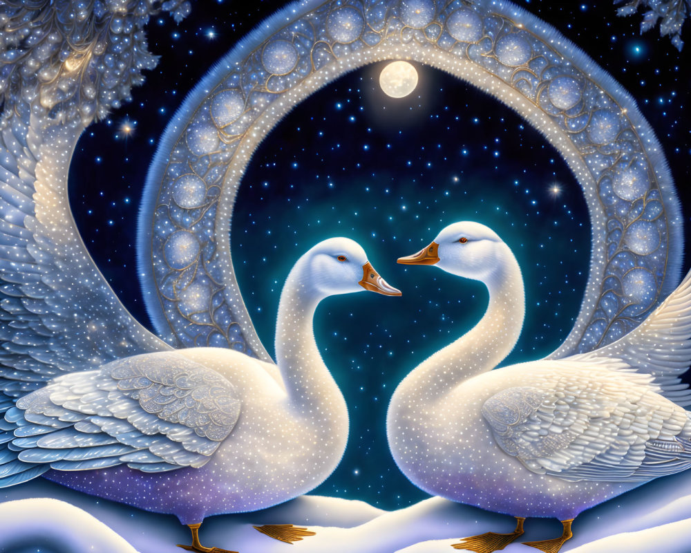 Illustrated swans with spread wings under a starry night sky and ornate moon.