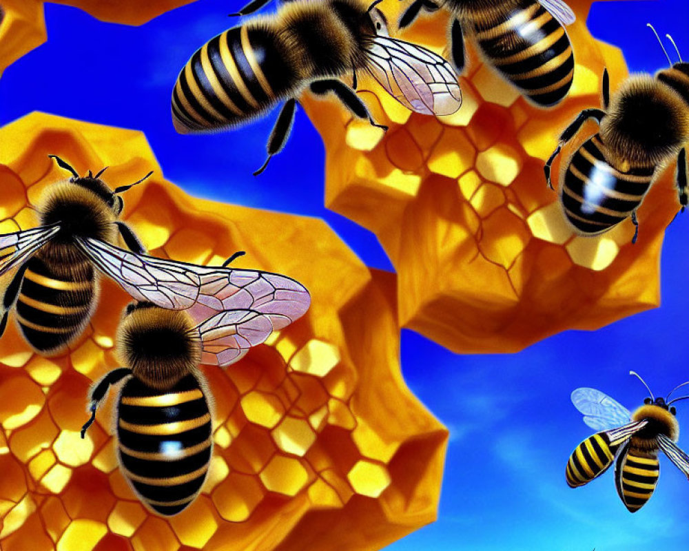 Giant Bees Flying by Honeycomb Structures in Blue Sky