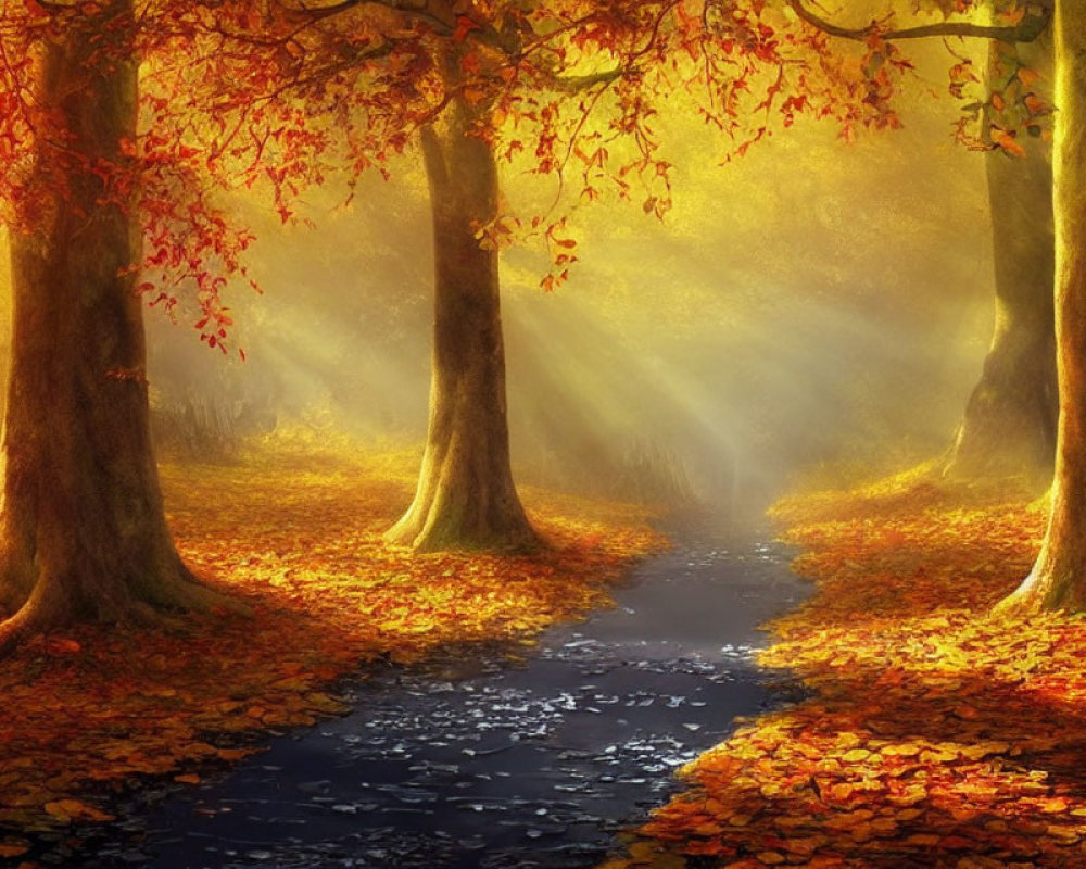 Tranquil autumn forest scene with golden sunlight and fallen leaves