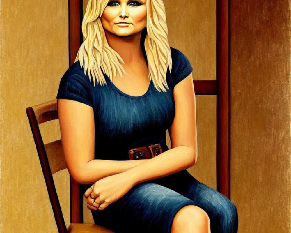 Blonde Woman in Blue Dress on Chair in Realistic Style