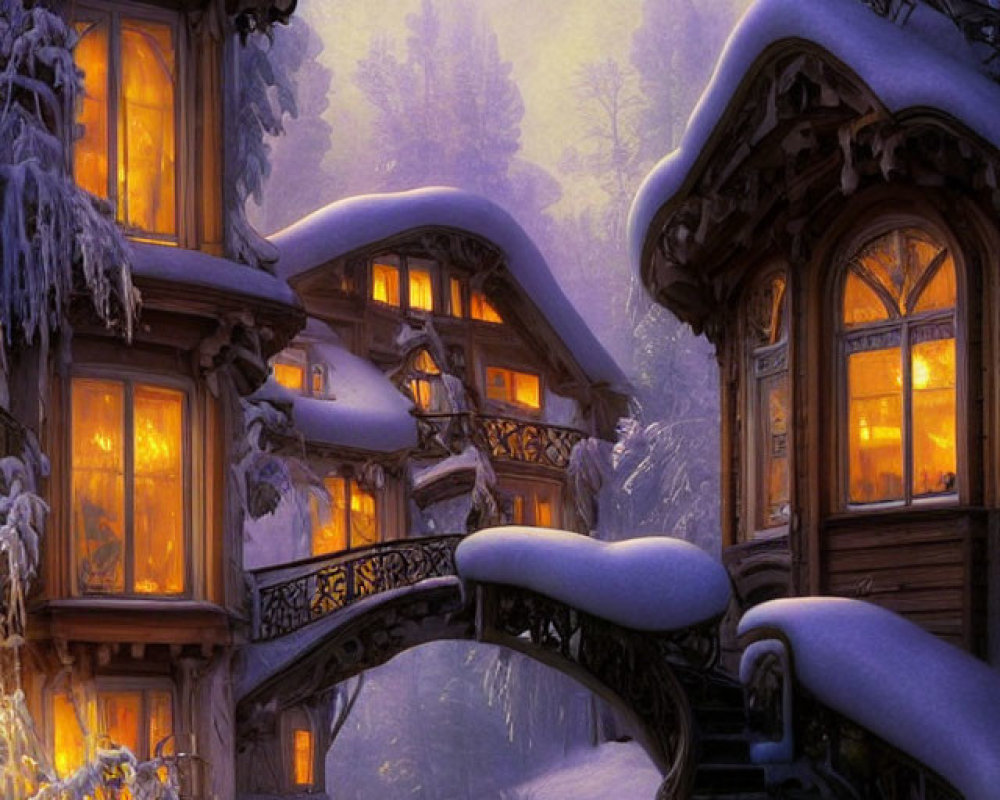 Snowy Winter Landscape: Multi-story Wooden House with Glowing Lights